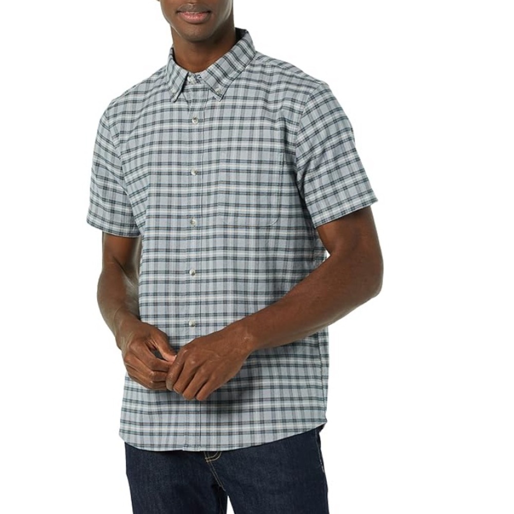 Short Sleeve Stretch Oxford Button-Up Shirt in Grey Plaid